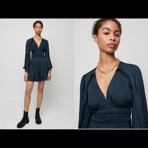 Maje Navy Flowing Satin Dress With Ruffles Size 38